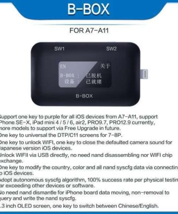 B-BOX support most complete models for all iOS devices from A7-A11, support iPhxne SE-X, iPxd mini 4, ipxd 5 / 6, ipxd Pro (10.5), ipxd PRO2 (12.9) currently, more models to support via Free Upgrade in future. B-BOX adopts autonomous syscfg algorithm, 100% success rate per physical testing, far exceeding other devices or software, also much more stable B-BOX support one key to universal the DTP/C11 screens for 7-8P.