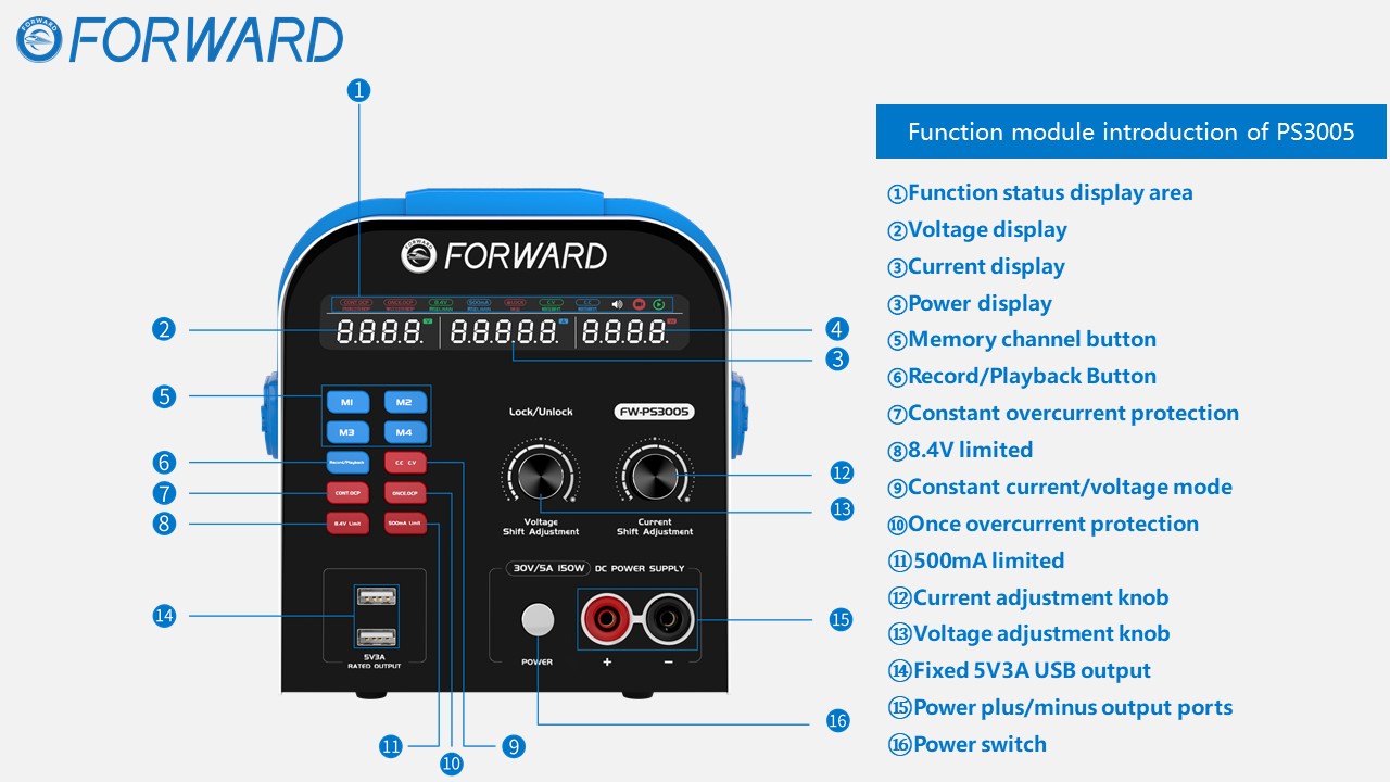 FORWARD PS3005 DC Voltage Power Supply Button Guide